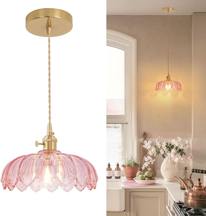 Shenmoyl Pendant Light with Pink Scindapsus Glass Lmapshade, Brass Vintage Pendant Light Adjustable Hanging Light for Kitchen Island Dining Room Hallway