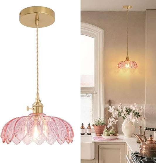 Shenmoyl Pendant Light with Pink Scindapsus Glass Lmapshade, Brass Vintage Pendant Light Adjustable Hanging Light for Kitchen Island Dining Room Hallway