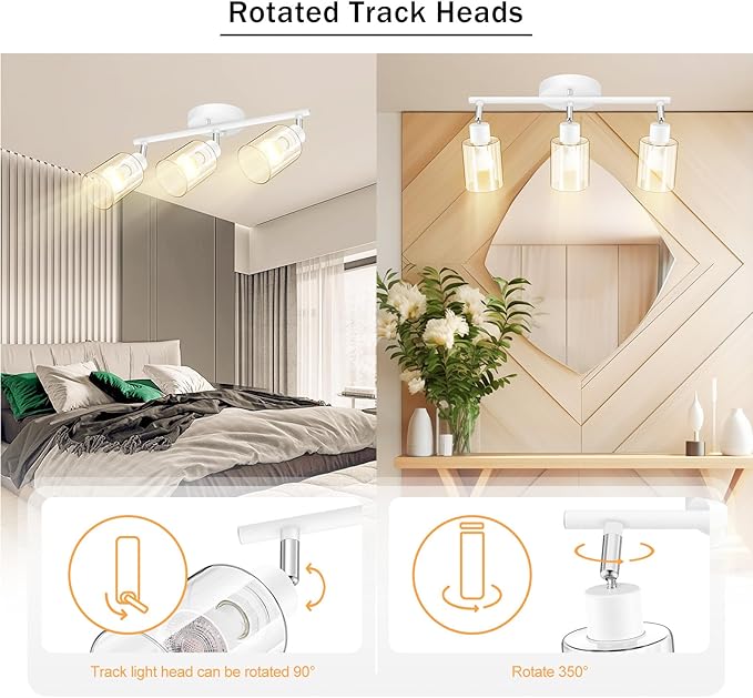 BoostArea 3-Light Bathroom Light Fixtures, White Modern Vanity Wall Lights with Clear Glass Shade,Flexibly Ceiling Light for Mirror Kitchen Living Room Hallway Cabinet Porch