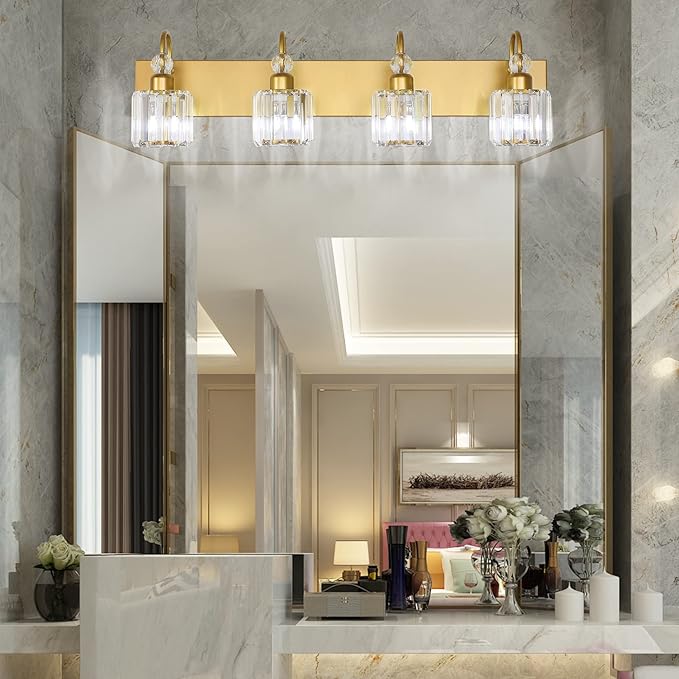 Ralbay Gold Vanity Lights 4-Lights Gold Crystal Bathroom Vanity Lights Over Mirror Modern Crystal Bathroom Wall Lighting Fixtures