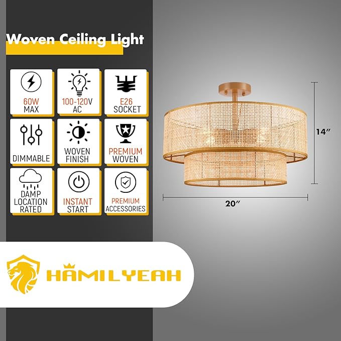 Hamilyeah 20 inch Ceiling Light Fixture Flush Mount Double Layer, Boho Light Fixture Ceiling Mount Wicker Shade, Bamboo Woven Rattan Fixture Light for Living Room, Bedroom, Dining Room