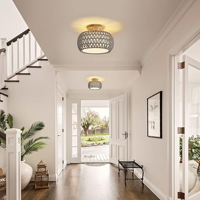 Boho Rattan Ceiling Light Fixture - 3 Style Options Wicker Semi Flush Mount Ceiling Lights,Grey Coastal Light Fixtures,Bohemian Woven Basket Chandelier for Hallway Bedroom Nursery Kitchen Laundry