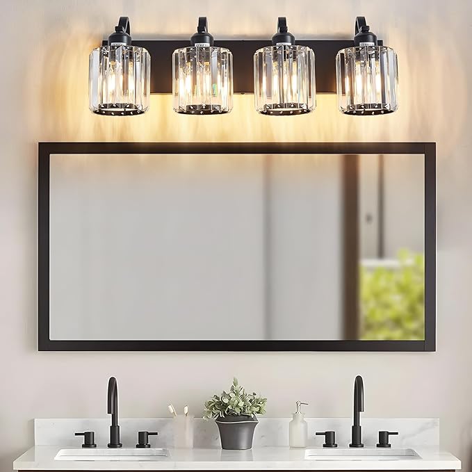 Black 4 Light Fixtures Bathroom Vanity Light Crystal Modern Vanity Over Mirror for Bathroom with Crystal Round Shade (Exclude Bulb)
