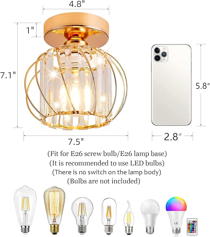 Semi Flush Mount Crystal Ceiling Light Pack of 2, Crystal Metal Cage Hallway Ceiling Lamps, Farmhouse Ceiling Lamp Fixture, Industrial Crystal Chandelier for Corridor Bathroom Kitchen (Gold, 7.5 Inch)