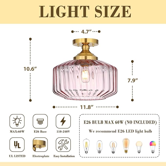 11.8in Semi Flush Mount Ceiling Light Fixture, Vintage Striated Glass Kitchen Lighting Fixtures Ceiling Mount for Entryway Hallway Bedroom Dining Room Bathroom Foyer Laundry (Pink)