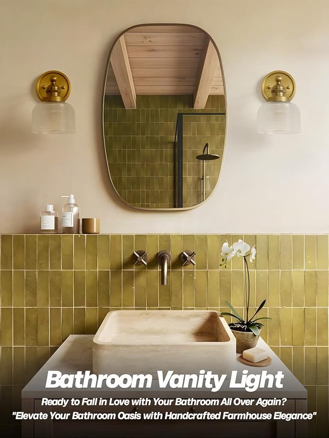 Gold Wall Sconces,Vintage Bathroom Vanity Light with Hand-Blowing Clear Glass Minimalist Brass Wall Sconce Light for Bathroom Mirror Living Room Bedroom Kitchen E26 Hardwire Indoor
