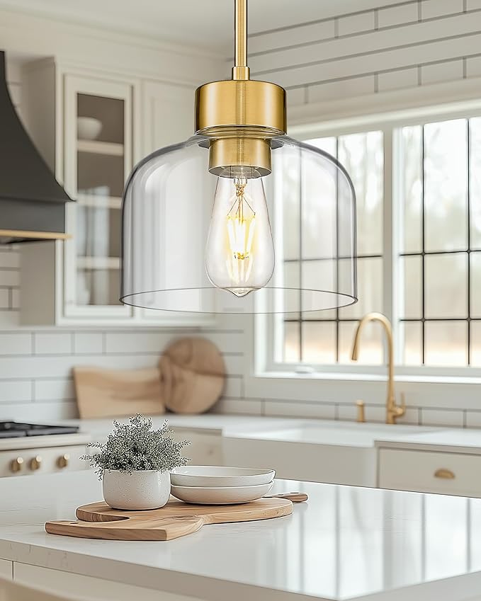 2-Pack Pendant Lights Kitchen Island, 8" Brushed Gold Hanging Light Fixtures with Clear Glass Shade, Modern Brass Kitchen Pendant Lighting Over Island for Dining Room, AD-24024-1P2L-GD