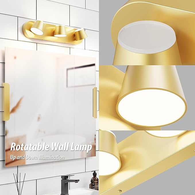 URSOLA 3 Light Bathroom Vanity Light, LED Gold Wall Light Fixtures, Up and Down Rotatable Dimmable 20 inch Bathroom Lighting Fixtures Over Mirror