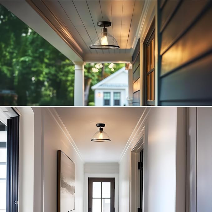 Globe Electric 60000121 1-Light Outdoor Flush Mount Ceiling Light, Matte Black, Seeded Glass Shade, Weather Resistant, Indoor