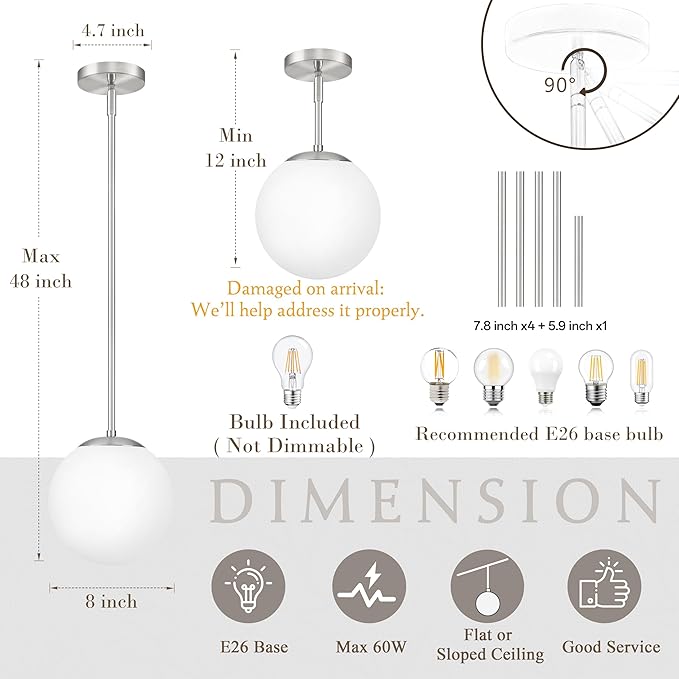 Bagood 8 Inch Globe Pendant Light Nickel Globe Pendant Lights Kitchen Island Mid Century Light Fixture with Milky White Glass Contemporary Adjustable Hanging Lights for Dining Room (Bulb Included)
