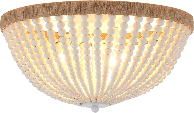 Dia 14.96" Boho Flush Mount Light Fixture Wood Bead, Farmhouse Chandelier, Antique Rustic Ceiling Light Fixture for Kitchen Hallway Entryway Laundry Bedroom Nursery Passway