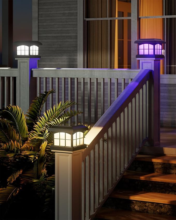 PARTPHONER RGBCW Solar Post Cap Lights 8-Pack, 9 Colors 3 Modes Fence Caps, Bright Solar Outdoor Waterproof LED Deck Lighting for Fence Garden Deck Patio Porch Decor 4x4 Vinyl/Wood, Black