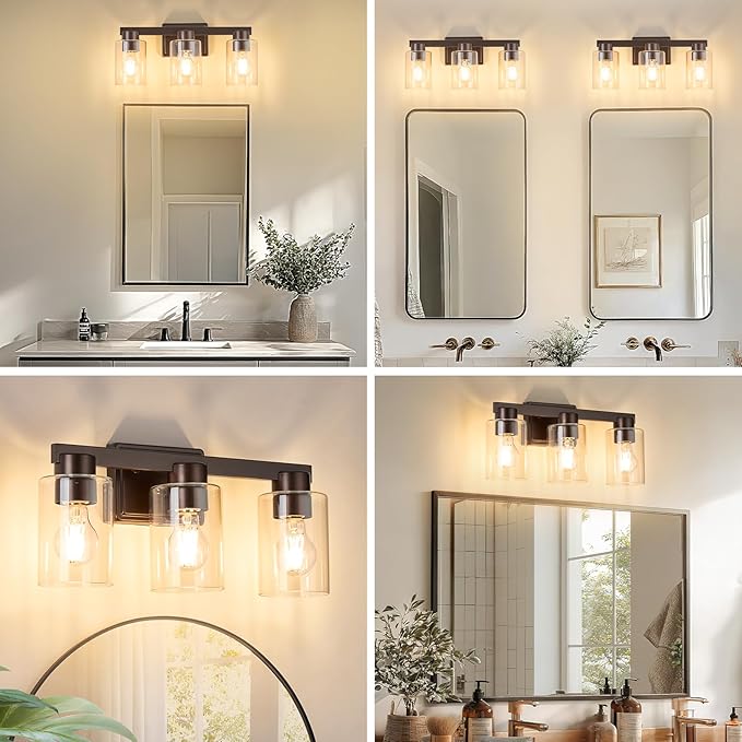 3-Light Bathroom Light Fixtures Modern Vanity Lights with Clear Glass Shade Oil Rubbed Bronze Wall Sconces Over Mirror for Bathroom,Powder Room, Living Room