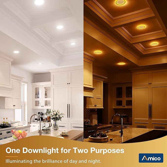 Amico 6 Pack 6 Inch 5CCT LED Recessed Ceiling Light with Double Ring Night Light, 2700-5000K Selectable Ultra-Thin Recessed Lighting, 12W=110W, 1100LM, Dimmable Canless Wafer Downlight, ETL, FCC