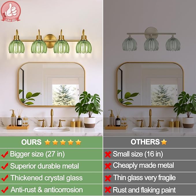 4-Light Bathroom Light Fixtures, 27" Brushed Gold Vanity Lights for Bathroom with Ribbed Green Tulip Glass Shade, Vintage Bathroom Vanity Lighting Fixtures Over Mirror for Bedroom Living Room Hallway