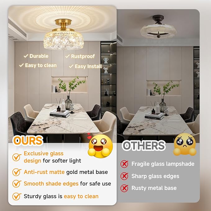 SunRider Semi Flush Mount Ceiling Light, Modern 3-Light Globe Glass Ceiling Light Fixture, Gold Indoor Pendant Lamp for Hallway Porch Kitchen Bedroom
