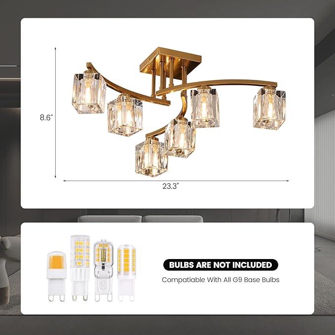 6-Lights Semi Flush Mount Ceiling Light Black and Gold Ceiling Fixture Farmhouse Dining Room Light Fixture with K9 Crystal Shades Modern Chandelier for Living Room Bedroom Entryway