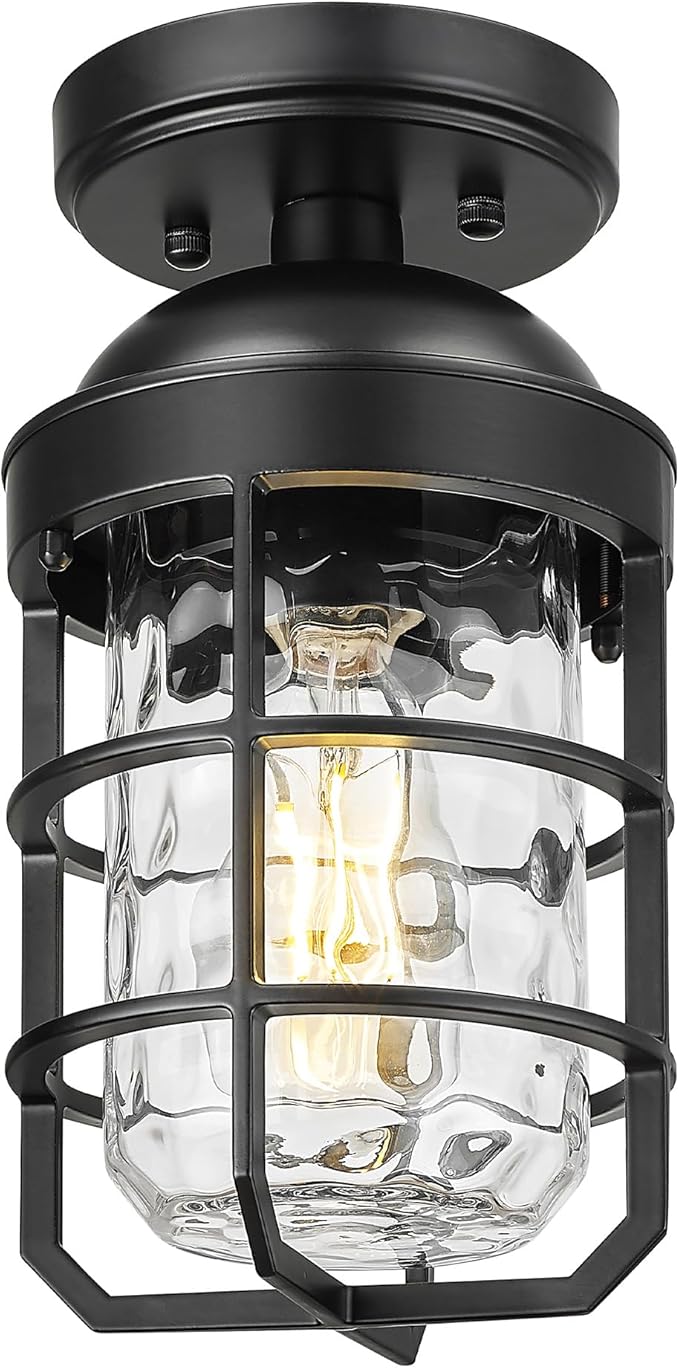 Emliviar Industrial Ceiling Lamp with Water Ripple Glass Shade, 11.1 Inch Classic Semi Flush Mount Light in Black Finish for Kitchen, GE255LF BK-WG