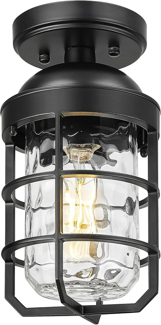 Emliviar Industrial Ceiling Lamp with Water Ripple Glass Shade, 11.1 Inch Classic Semi Flush Mount Light in Black Finish for Kitchen, GE255LF BK-WG