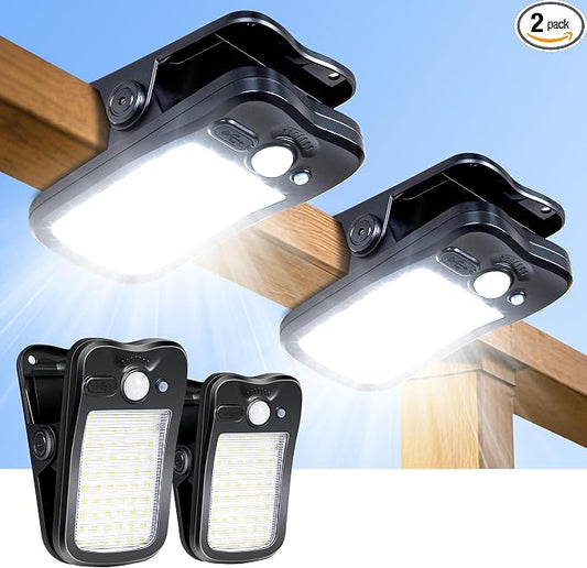 Clip on Solar Lights for Fence, 3 Modes Solar Motion Lights Outdoor Waterproof, 60LEDs 500LM Portable Security Light for Fence, Deck, Garage, Camping, USB Charging, 2 Black