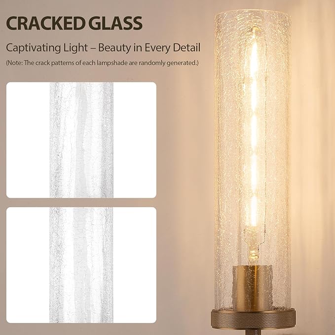 19.5" Knurled Brass Wall Sconces Set of 2, Gold Bathroom Vanity Light Fixtures with Crackle Glass Tube, Modern Lamp Lighting for Bedroom, Living Room, Hallway, Staircase, Mirror, Kitchen