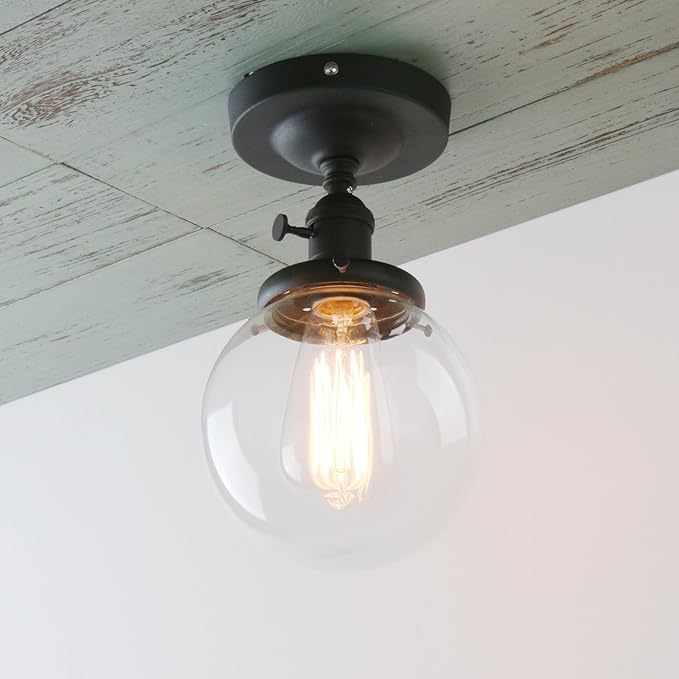 PERMO Modern Semi Flush Mount Ceiling Light with Globe Clear Glass Shade 1 Light Industrial Light Fixtures for Hallway, Bathroom, Farmhouse, Entryway(Black)