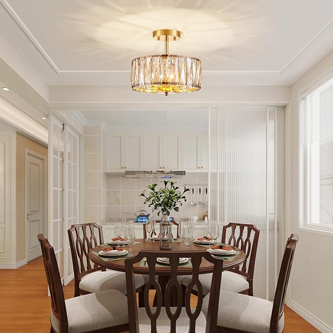 Crystal Ceiling Light, 3-Light Modern Semi-Flushmount Ceiling Light for Living Room, Dinning Room Hallway, D12xH9inch, Gold Finish Frame & Champagne K9 Crystal