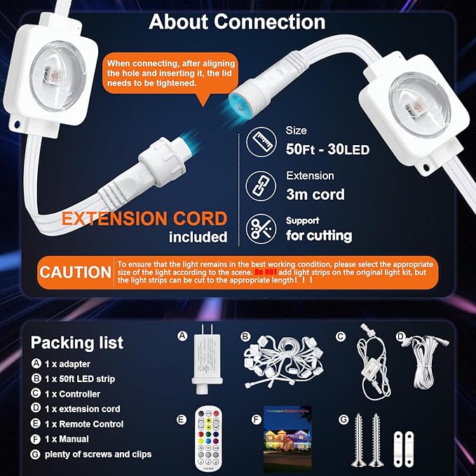 Super RGB Permanent Outdoor Lights 50FT, Smart RGB+IC Eave Lights with Remote APP Control, DIY LED Color Individual, White & Colorful Christmas String Light, IP67 Waterproof for House Outside Decor