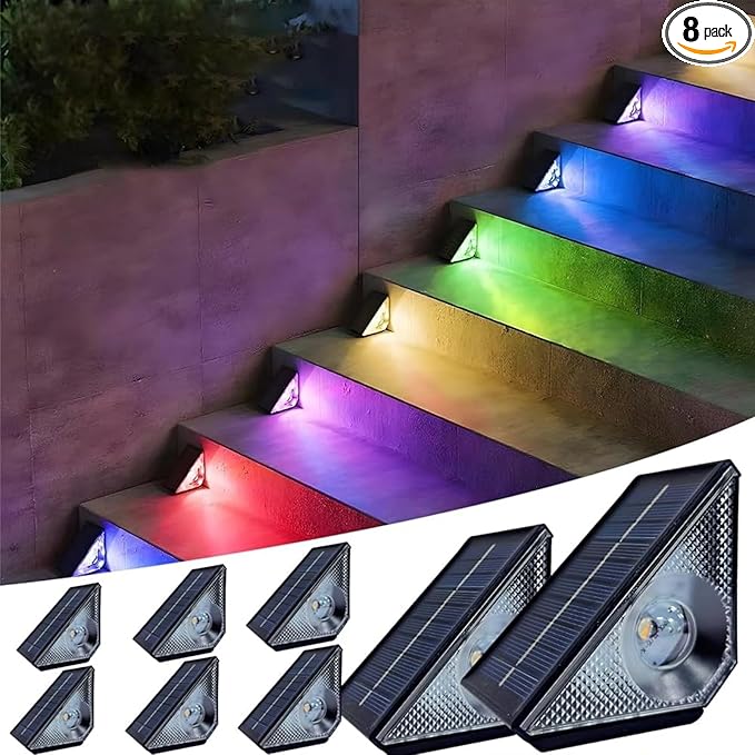 Solar Step Lights, 8 Pack Solar Stair Lights Outdoor Waterproof, Warm White/7 RGB Colors LED Outdoor Deck Light, Outside Lighting Decor for Garden Stair, Deck, Front Step, Front Porch, and Patio