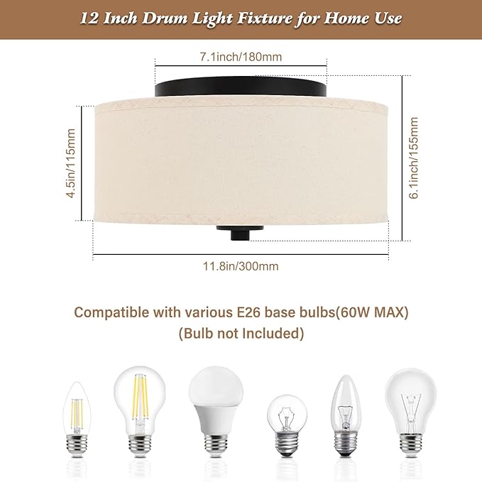 2-Light Flush Mount Ceiling Light Fixture, 12” Modern Close to Ceiling Light with Beige Fabric Drum Shade, Round Pendant Light for Bedroom Hallway Bathroom Dining Kitchen