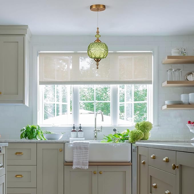 Antique Green Pendant Light Fixtures Vintage Kitchen Lighting Delicate Decorative Pattern 6.3 inches Glass Ceiling Pendant Lighting for Kitchen Island Dining Room with Original Vintage Design