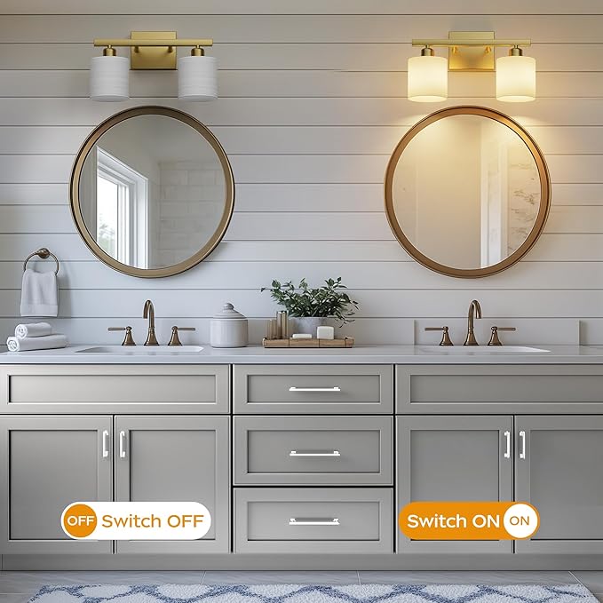 PARTPHONER Bathroom Light Fixtures, Bathroom Lighting Fixtures Over Mirror, Interior Classic Vanity Lights, Modern Vanity Light with Textured White Glass Shade, Brushed Gold, 2-Light