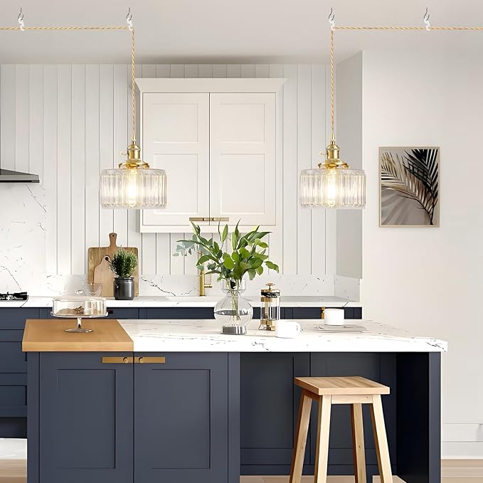 Plug in Pendant Light, Hanging Lights with Plug in Cord, Hanging Light Fixture with Clear Glass, E26 Pendant Lighting for Kitchen Island, Bedroom, Living Room-Transparent Color