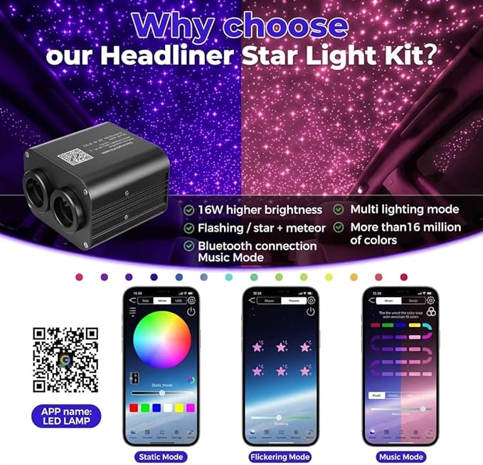 Starlight Headliner Kit 20W, 1000pcs 0.03in 16.4ft Extra Long Fiber Optic Star Lights, Twinkle Effect Dual-Color (Pink & Purple) APP/Remote, RGBW Music Sync Galaxy Star Ceiling Light for Car & Home