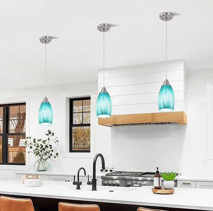 karyfine Mini Pendant Light,Handcrafted Art Glass Pendant Lighting Shade with Brushed Nickel Finished Teal Glass Ceiling Hanging lamp Adjustable Cord for Kitchen Island,Hallway,Dining Room