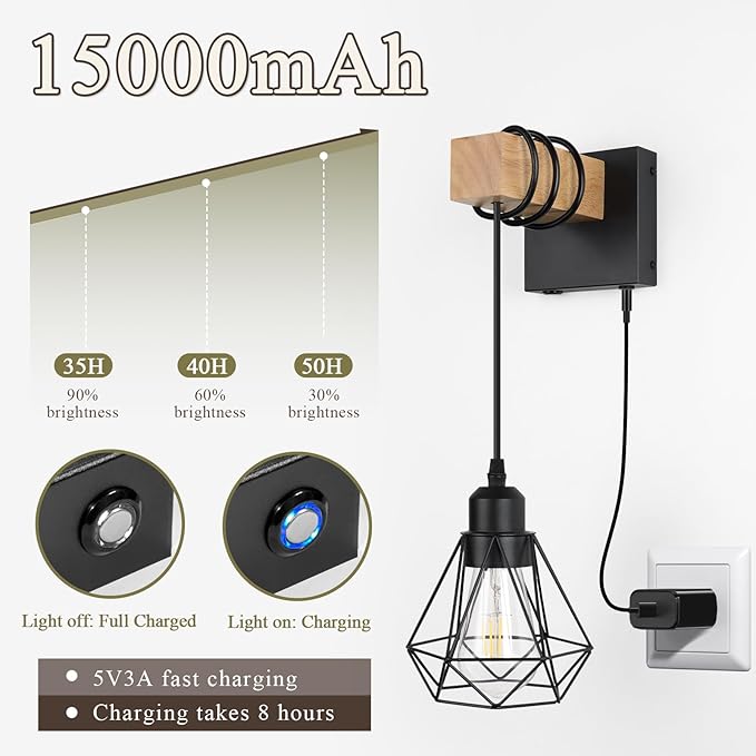 Battery Operated sconces Set of 2 for Bathroom, Dimmable Wall Sconces with Remote Control, Black LED Wireless Wall Lights for Living Room, Hallway, Bedroom(2 Pack)