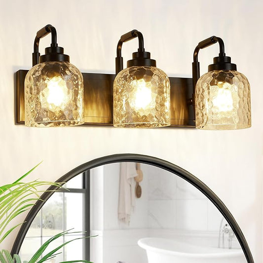 WJShome 3-Light Black Bathroom Vanity Light, Modern Vanity Lighting Fixture for Bathroom, Coastal Vanity Lights with Crystal Glass Shade, for Mirror Bedroom Hallway