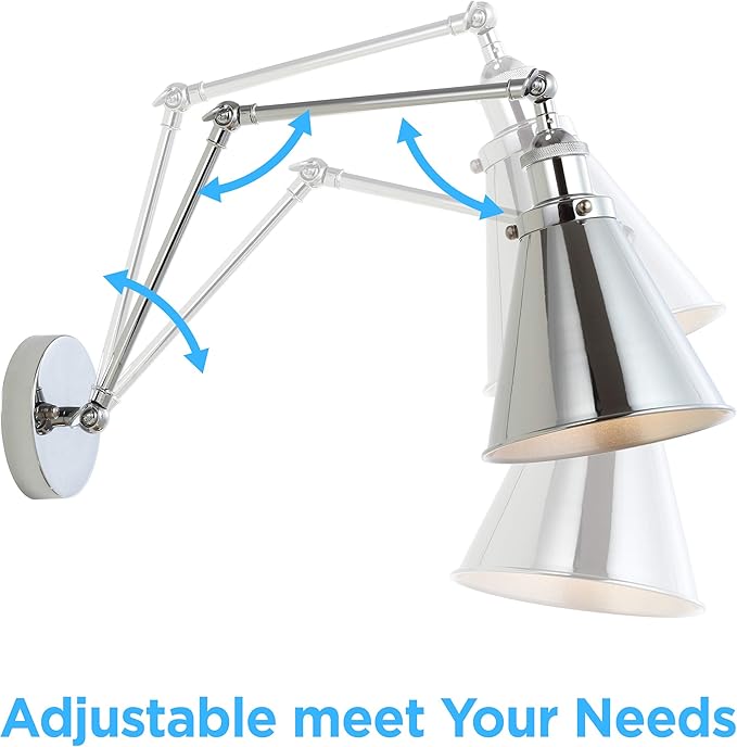 JONATHAN Y 7" Chrome Classic Industrial Metal Adjustable Arm LED Wall Sconce for Bedside Reading, Farmhouse Swing Arm Wall Lamp with Metal Shade, Hardwired JYL7460A