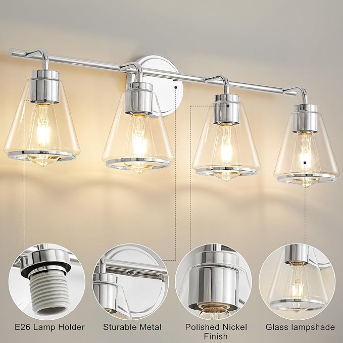 Polished Nickel Bathroom Light Fixtures 4 Light Bathroom Vanity Lights Over Mirror with Clear Glass Shade, 30 Inch Vanity Lights for Bath-Room Modern Wall Sconce Lighting (Exclude E26 Bulb)