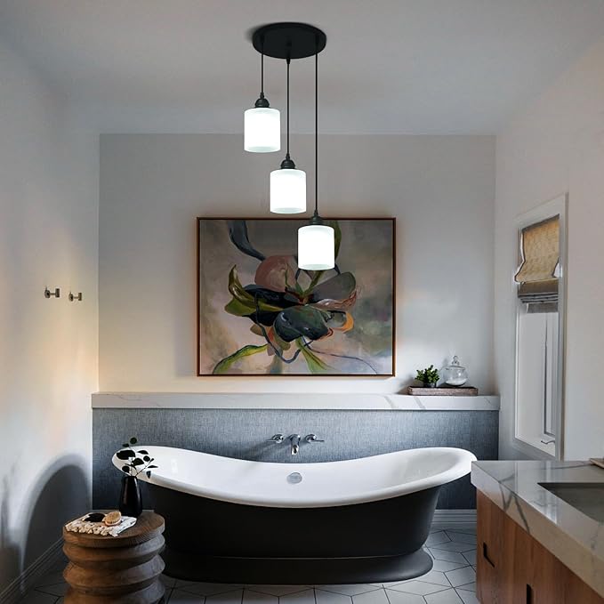 3 Lights Industrial Pendant Light with Glass Shade Matte Black Pendant Lighting Adjustable Industrial Retro Style Hanging Light,Kitchen Island Farmhouse Pendant Lights Fixtures for Kitchen,Farmhouse