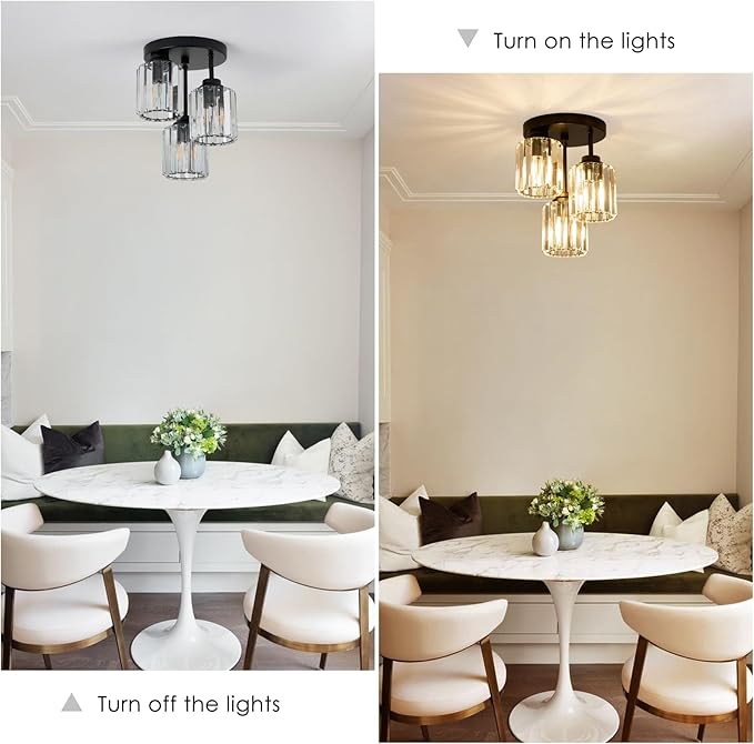 3-Light Modern Semi Flush Mount Ceiling Light, Crystal Ceiling Light with Clear K9 Crystal Shades, Black Close to Ceiling Light Fixtures for Hallway Kitchen Bathroom Entryway