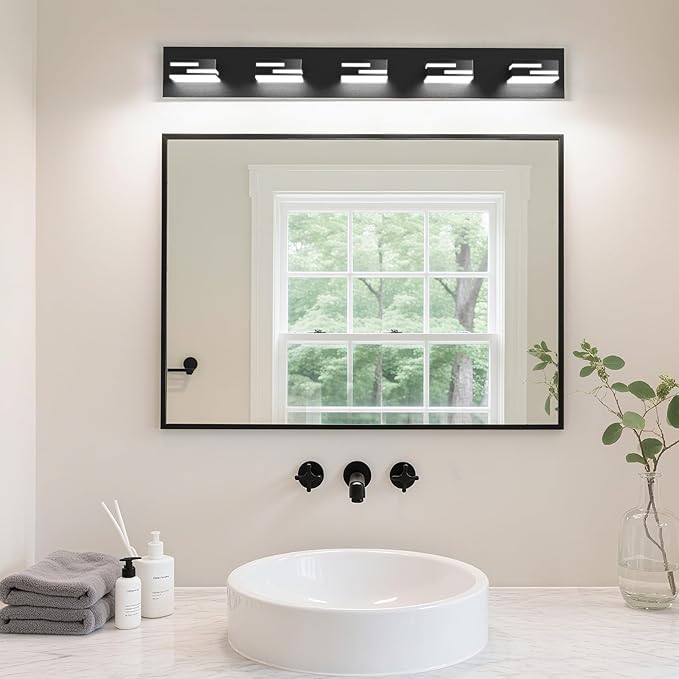 LED Modern Bathroom Vanity Light Fixtures, 5-Light 34-inch Dimmable Matte Black Vanity Lights for Bathroom Lighting Fixtures Over Mirror, with 360° Rotatable Acrylic Heads (Cool White 6000K)