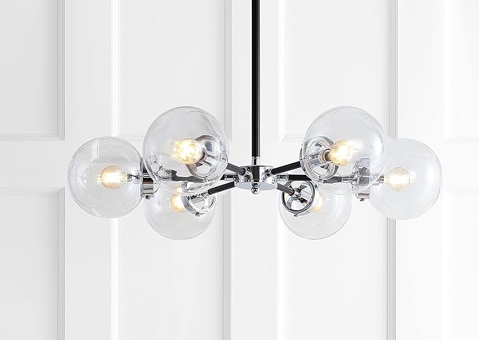 JONATHAN Y 28" Chrome/Black Modern 6-Light Cluster Pendant Chandelier, Clear Glass Shade Hanging Fixture for Kitchen Island Dining Room, LED Bulbs Included, Dimmable (JYL9059A)