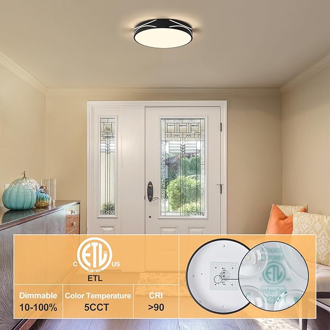 Modern Dimmable LED Flush Mount Ceiling Light, 2700K-6000K Selectable Round Close to Ceiling Lighting Fixtures, Metal Minimalist Black Ceiling Lamp for Bedroom, Kitchen, Hallway, Living Room