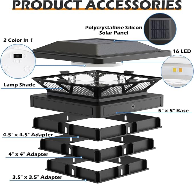 SIEDiNLAR Solar Post Cap Light 2 Modes 6 Pack, 3.5x3.5 4x4 4.5x4.5 5x5 Wooden/Vinyl Posts, Waterproof Outdoor Lighting for Fence Deck Patio Garden Decor, White/Warm (Black)