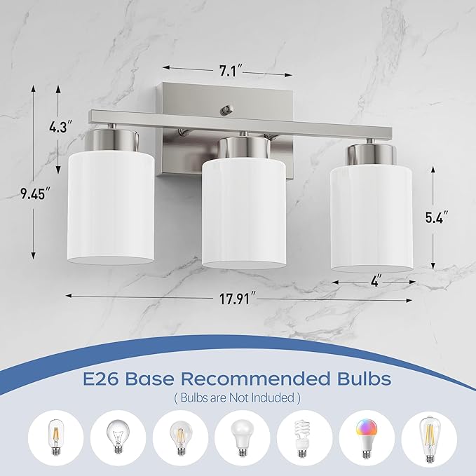 PARTPHONER 3-Light Brushed Nickel Bathroom Light Fixtures, Modern Vanity Light Over Mirror Lighting, Wall Sconce with Frosted Milky White Glass Shades for Bedroom Living Room Kitchen Hallway