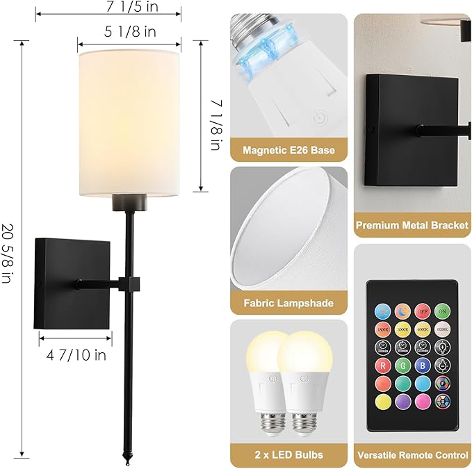 KARTOOSH Battery Operated Wall Sconce Set of Two, Wireless Rechargeable Wall Light with Remote Control, Dimmable, 4 Color Temperatures, RGB, Timer, for Living Room,Bedroom,Entryway, Black, 20.6 Inch