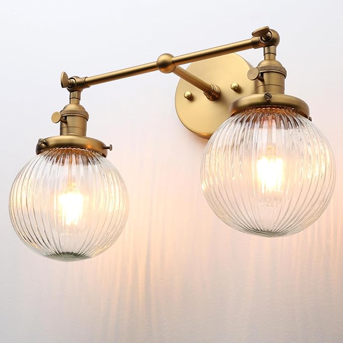 PERMO 2 Lights Sconce with Switch Industrial Gold Wall Sconce Lighting with Ribbed Globe Lampshade Vintage Double Wall Sconce Bathroom Sconce, Hardwired, E26 Base