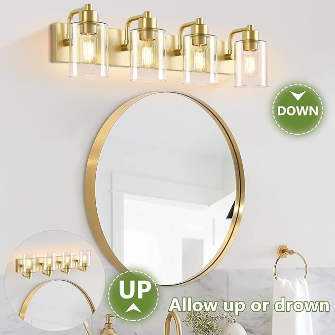 Dpyrrhic Gold Bathroom Light Fixtures,Gold Vanity Light Wall Sconces,4-Light Bathroom Lights Over Mirror with Clear Glass Shade for Kitchen Living Room Bedroom