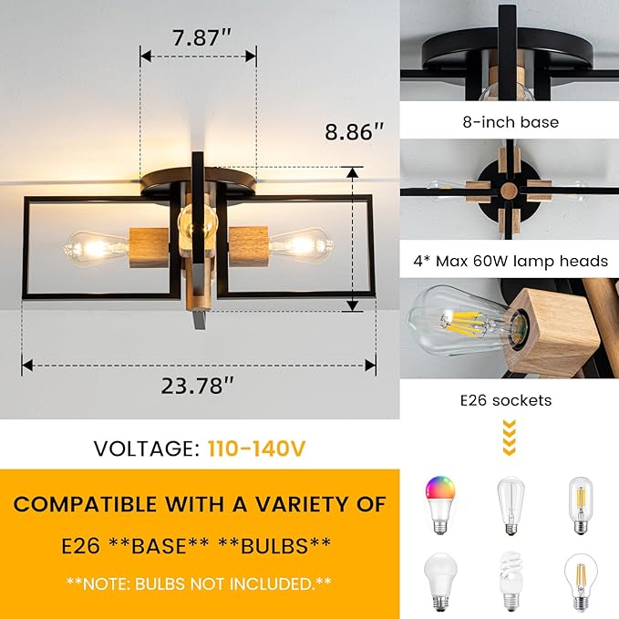 Industrial Ceiling Light Black 4 Light Semi Flush Mount Lights Wood Sputnik Light Fixture 24" Farmhouse Ceiling Light for Kitchen Bedroom Bathroom Foyer Hallway E26